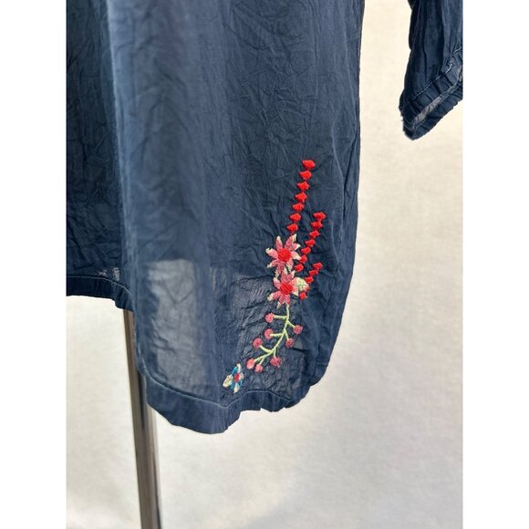 Johnny Was Navy Blue Embroidered Tunic Floral 3/4 Sleeves Lightweight Size M - Picture 7 of 9